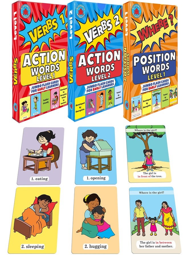 Brainy Bug Resources Flashcards with App-Enabled Audio | Action Words (Levels 1 and 2) and Position Words (Level 1) | Audio in Hindi, English, Punjabi, Tamil, Kannada, Telugu - Image 1